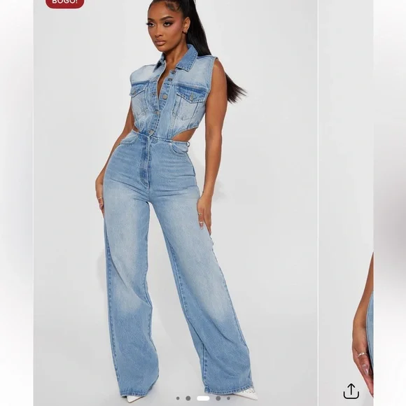 Fashion Nova Baylin Cutout Denim Jumpsuit – Size L – NWT - Picture 6 of 13
